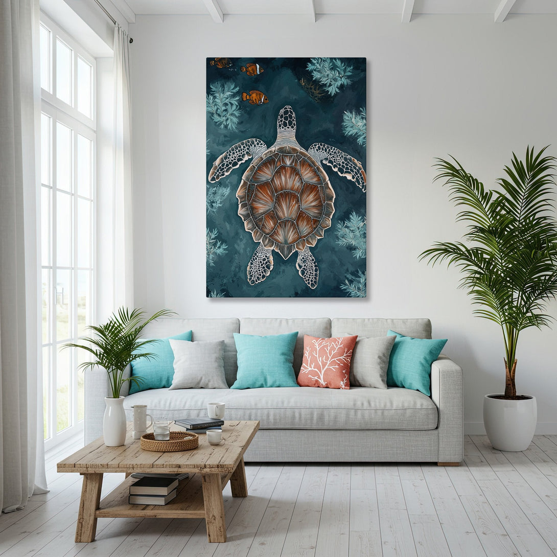 Framed Wall Art featuring a sea turtle in teal and brown tones. Coastal style Canvas Print adds a touch of the ocean to your home decor.