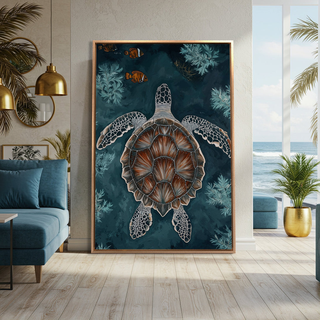 Framed Wall Art featuring a sea turtle in a teal and brown color palette, adding coastal style to any space. Perfect for a serene, ocean-inspired decor.
