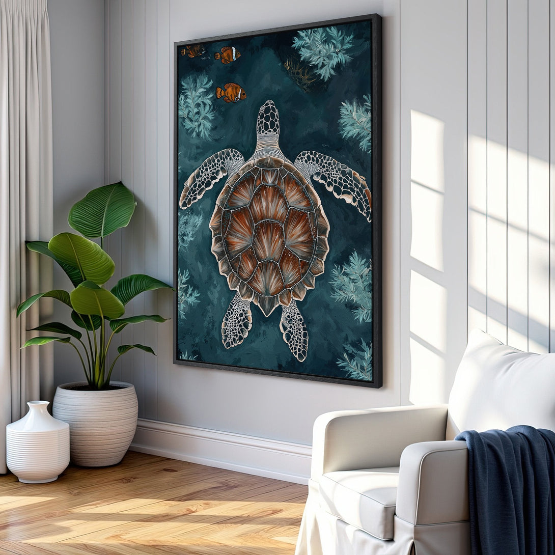 Framed Wall Art: Stunning sea turtle art in a dark teal and brown palette. Coastal style Canvas Print adds a touch of nature to your home decor.