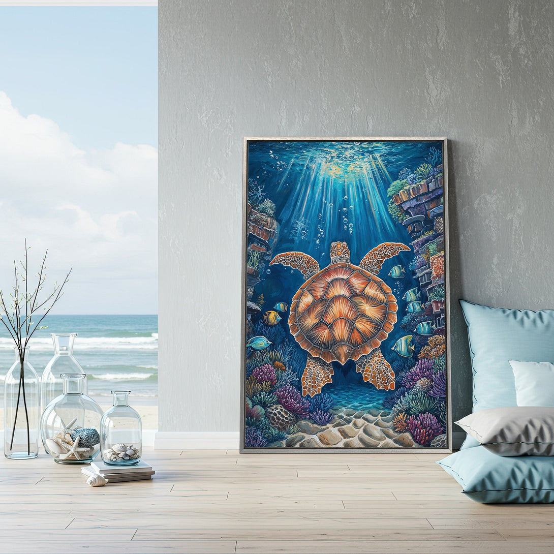 Framed Wall Art: Stunning underwater turtle scene in vibrant blues, oranges, and greens. Coastal-inspired canvas print perfect for any home decor.
