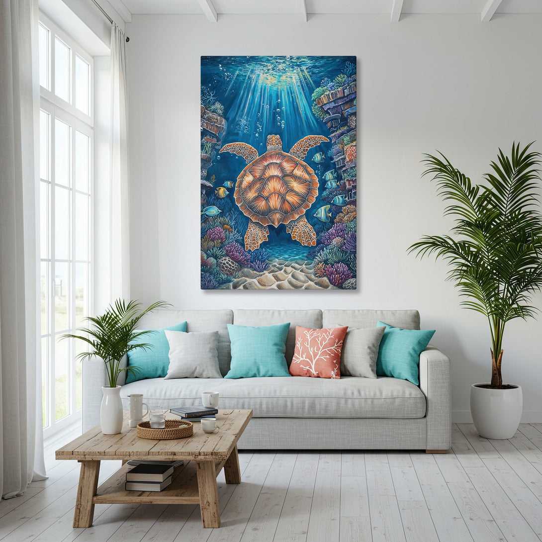Framed Wall Art featuring a sea turtle in vibrant blue, orange, and green hues. Coastal decor inspiration for your home.