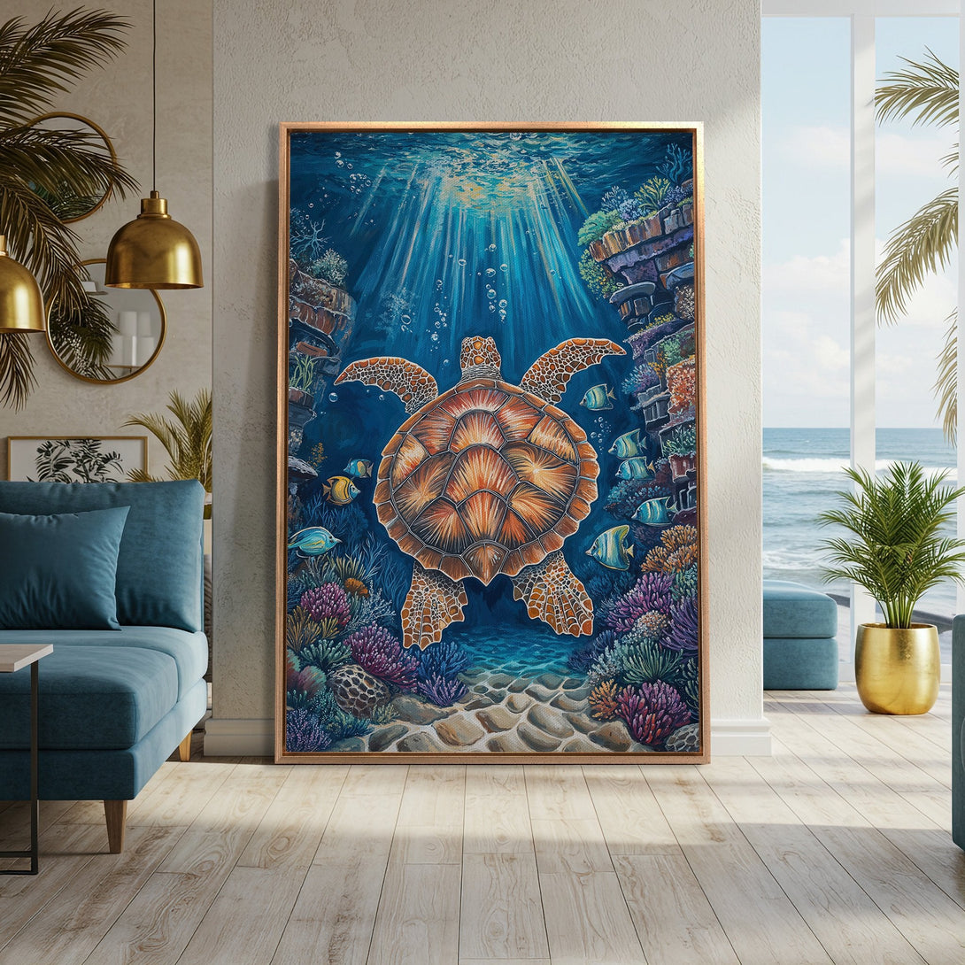 Framed Wall Art featuring a vibrant underwater scene with a sea turtle. Colorful coral reef art in blue, orange, and purple hues. Perfect coastal decor for your home.