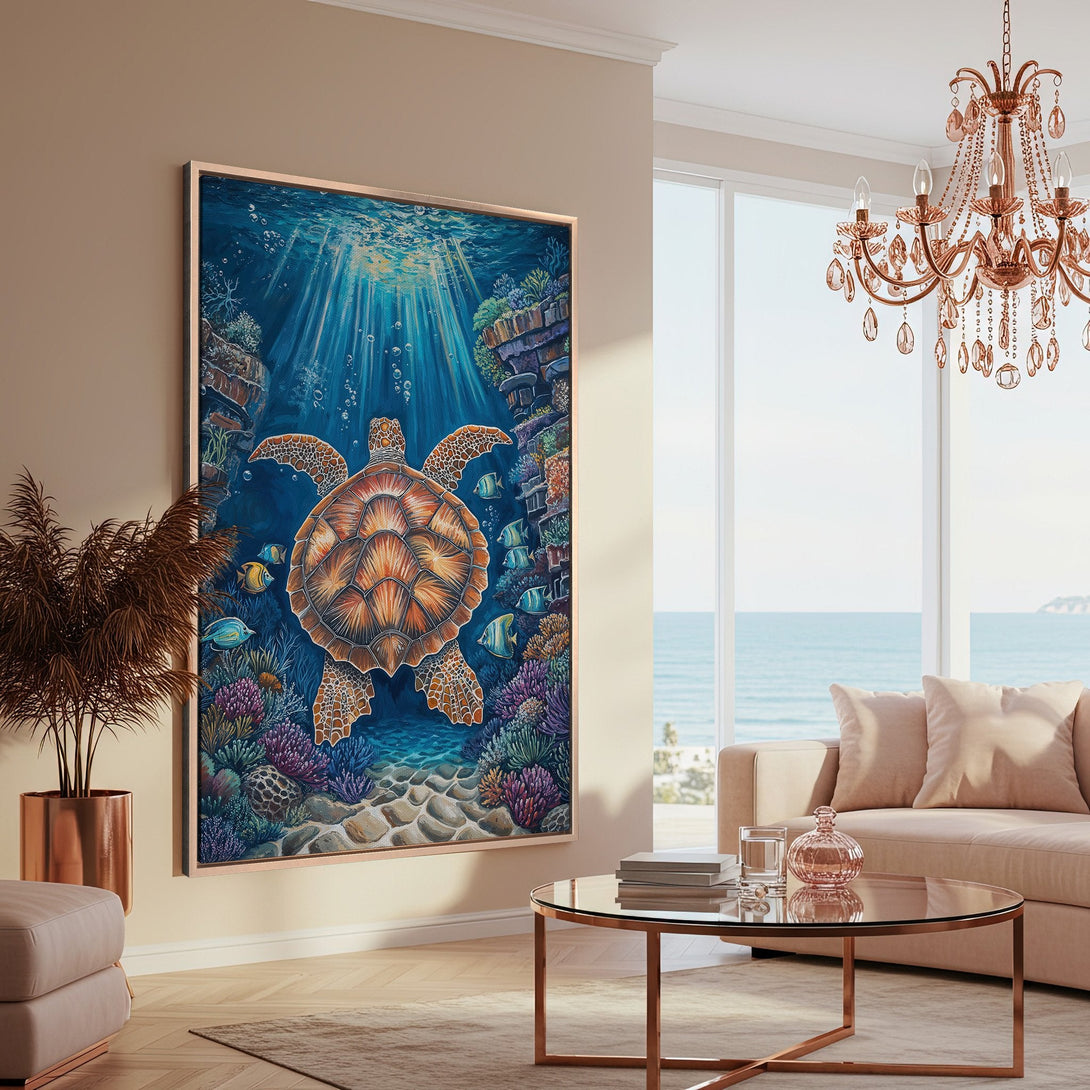 Framed Wall Art: Stunning underwater turtle scene in vibrant blues, oranges, and greens. Coastal-inspired art perfect for any home decor. Bring the ocean home!