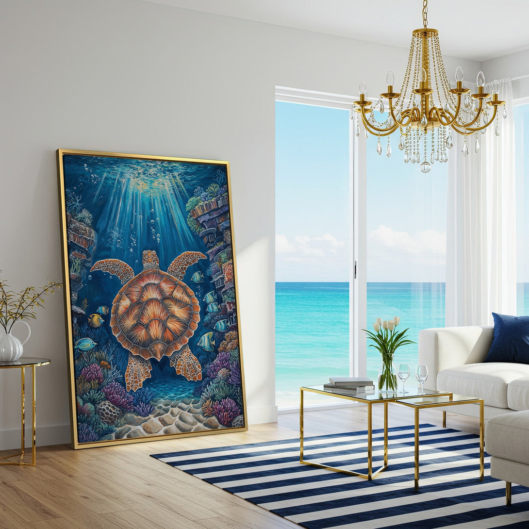 Canvas Print of a vibrant underwater scene with a sea turtle, showcasing blue, orange, and green hues. Perfect for coastal decor!