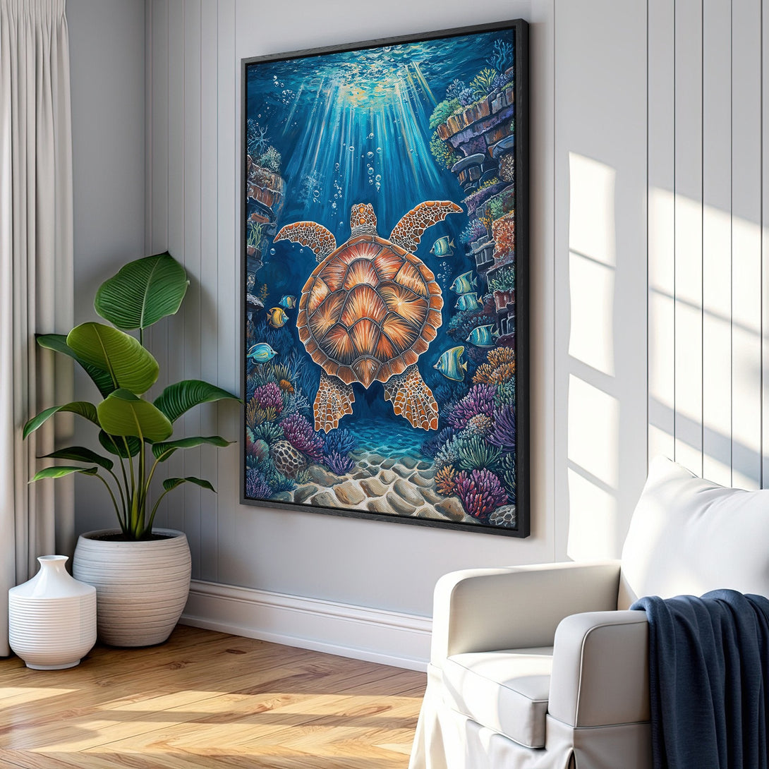 Framed Wall Art: Stunning underwater scene with a sea turtle in vibrant blues, oranges, and greens. Perfect coastal decor for your home.