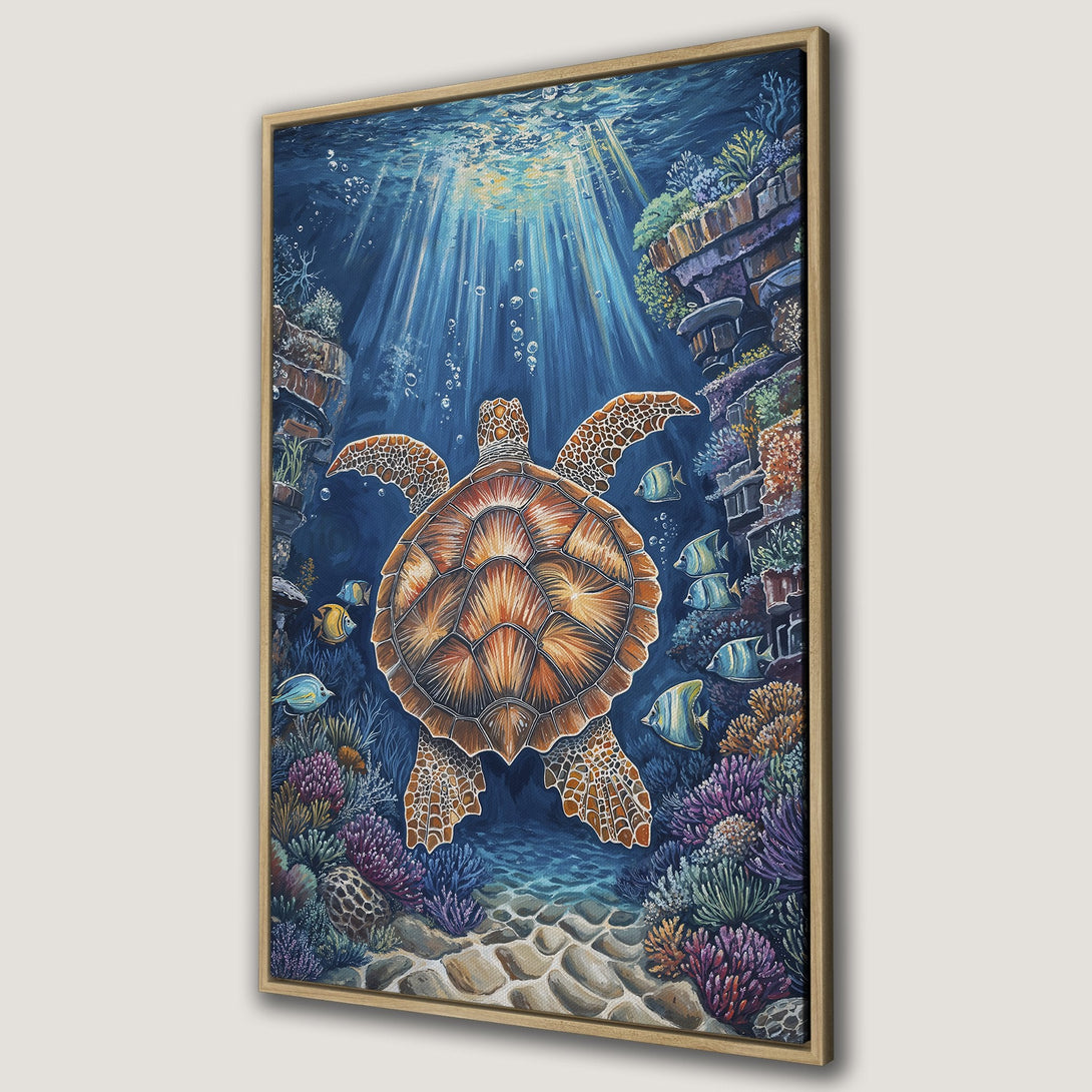 Framed Wall Art featuring a vibrant underwater scene with a sea turtle. Beautiful blue, orange, and purple color palette. Perfect for coastal decor!