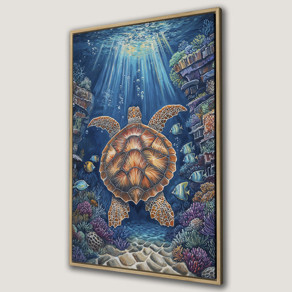 Framed Wall Art featuring a vibrant underwater scene with a sea turtle. Beautiful blue, orange, and purple color palette. Perfect for coastal decor!