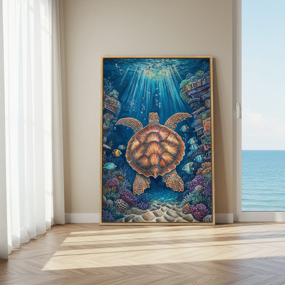 Framed Wall Art: Stunning underwater scene with a sea turtle. Vibrant blues, oranges, and purples create a captivating coastal vibe. Perfect for ocean lovers!