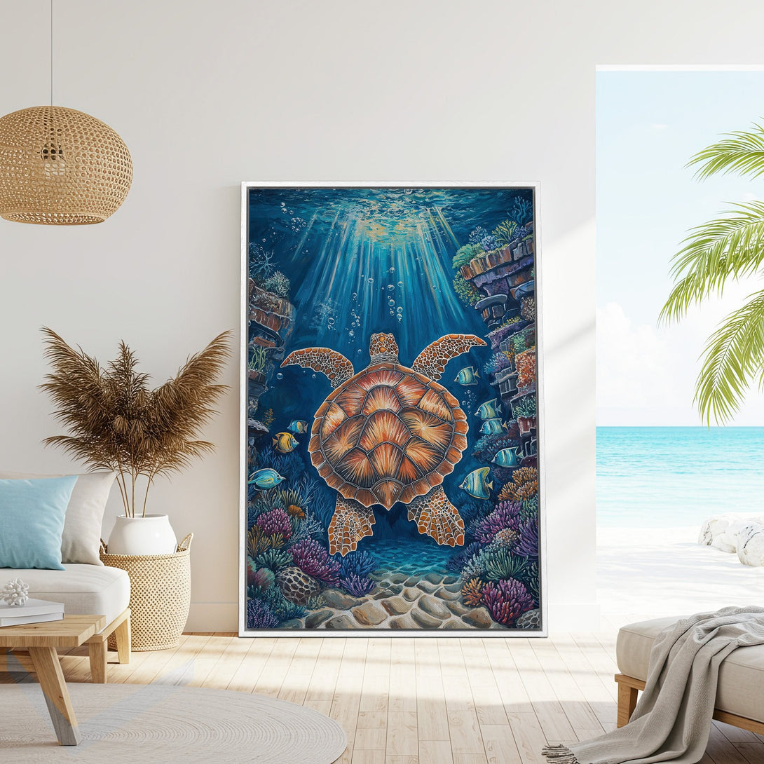 Framed Wall Art featuring a vibrant sea turtle swimming underwater. Coastal style with blue, orange, and green hues. Bring the ocean home!