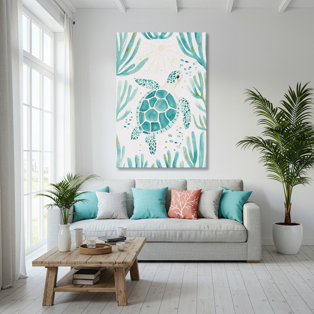 Framed Wall Art: Watercolor turtle print in a coastal living room. Features a teal and white color palette for a serene, beachy vibe.
