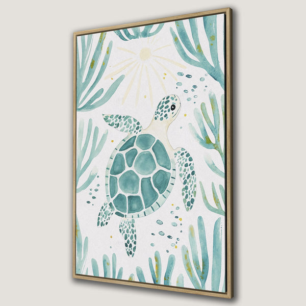 Framed Wall Art featuring a watercolor sea turtle, perfect for coastal decor. Soft teal and yellow hues on a white background create a calming aesthetic.