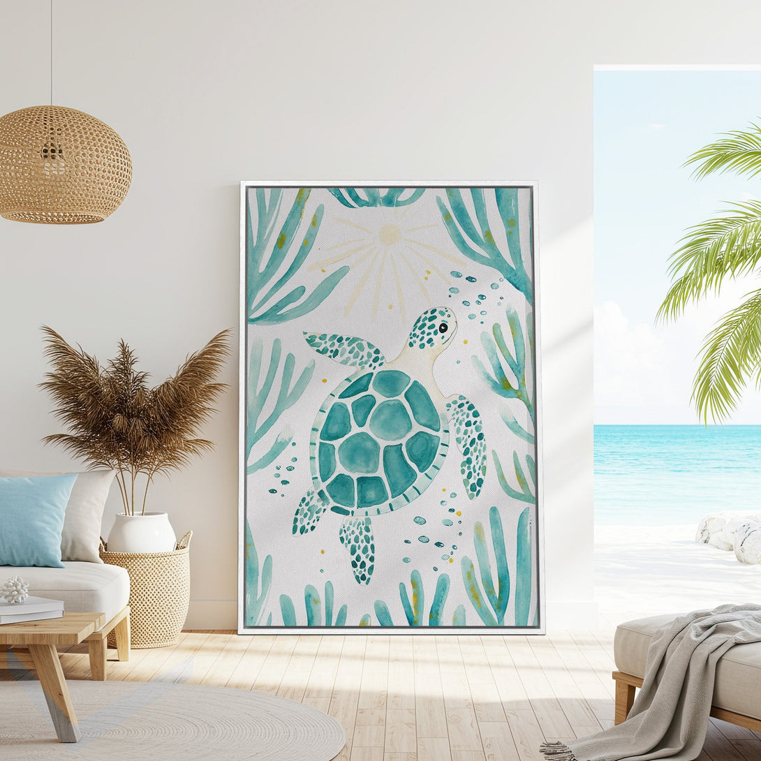Framed Wall Art: Watercolor sea turtle print in teal and white. Coastal decor, perfect for beach house or ocean-themed living room.