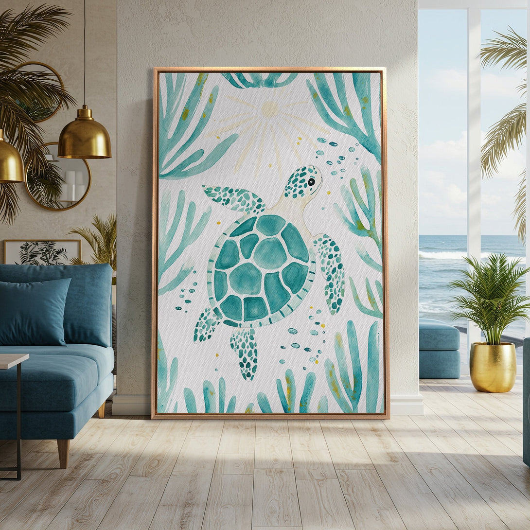 Framed Wall Art featuring a watercolor sea turtle in a coastal interior. Soft teal and aqua hues create a calming aesthetic. Perfect for beach-themed decor.