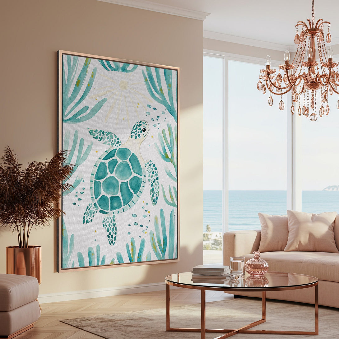 Framed Wall Art featuring a watercolor sea turtle in teal and white. Coastal decor in a modern interior with a warm, neutral color palette.
