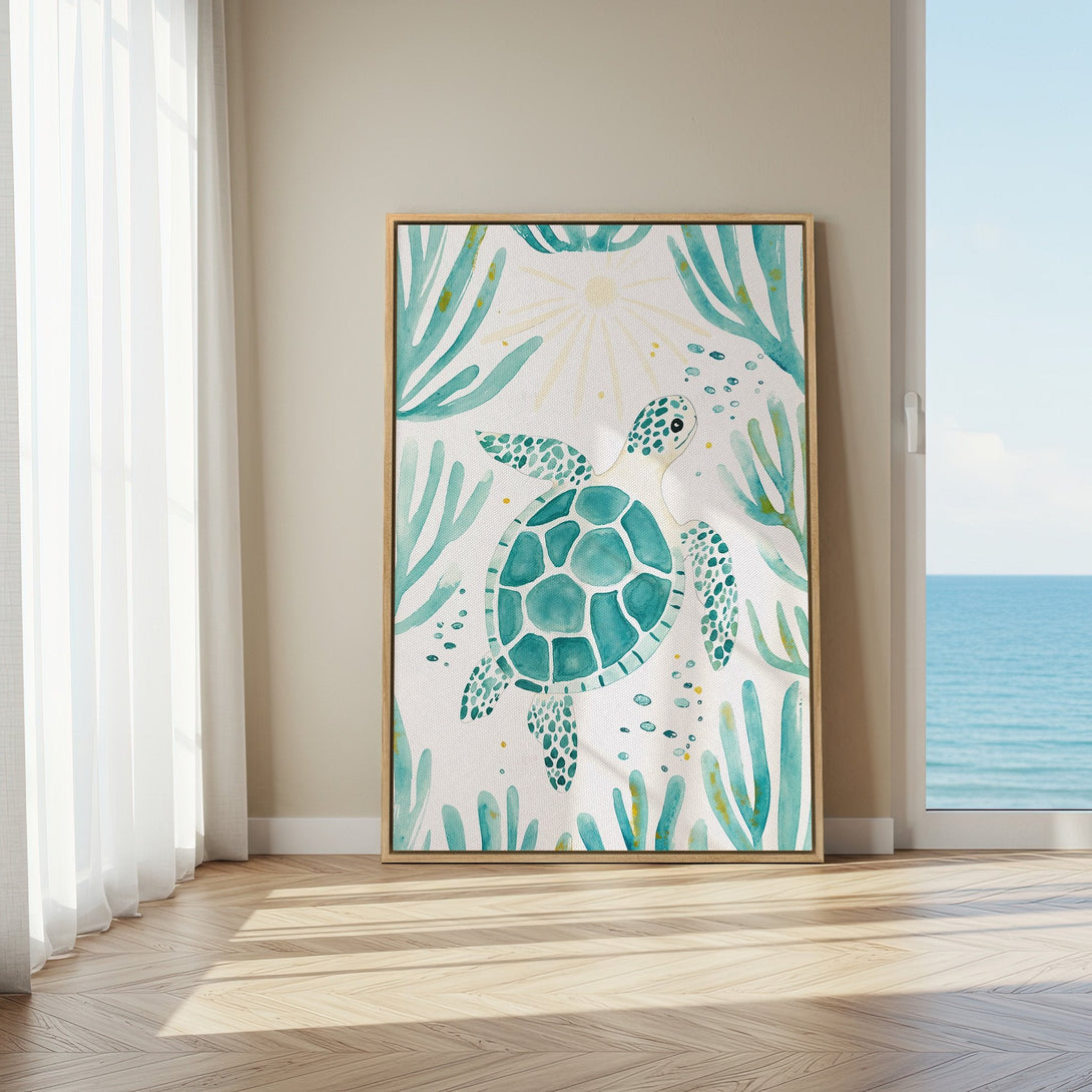 Framed Wall Art featuring a watercolor sea turtle in teal and yellow, perfect for coastal decor. Adds a touch of serenity to any room.