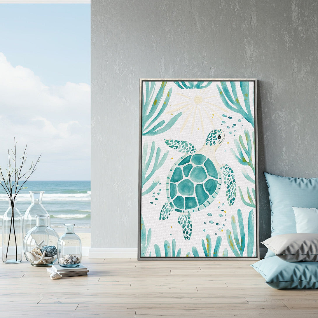 Framed Wall Art: Watercolor turtle print in coastal style with a teal and yellow color palette. Perfect for adding a touch of the ocean to your home!