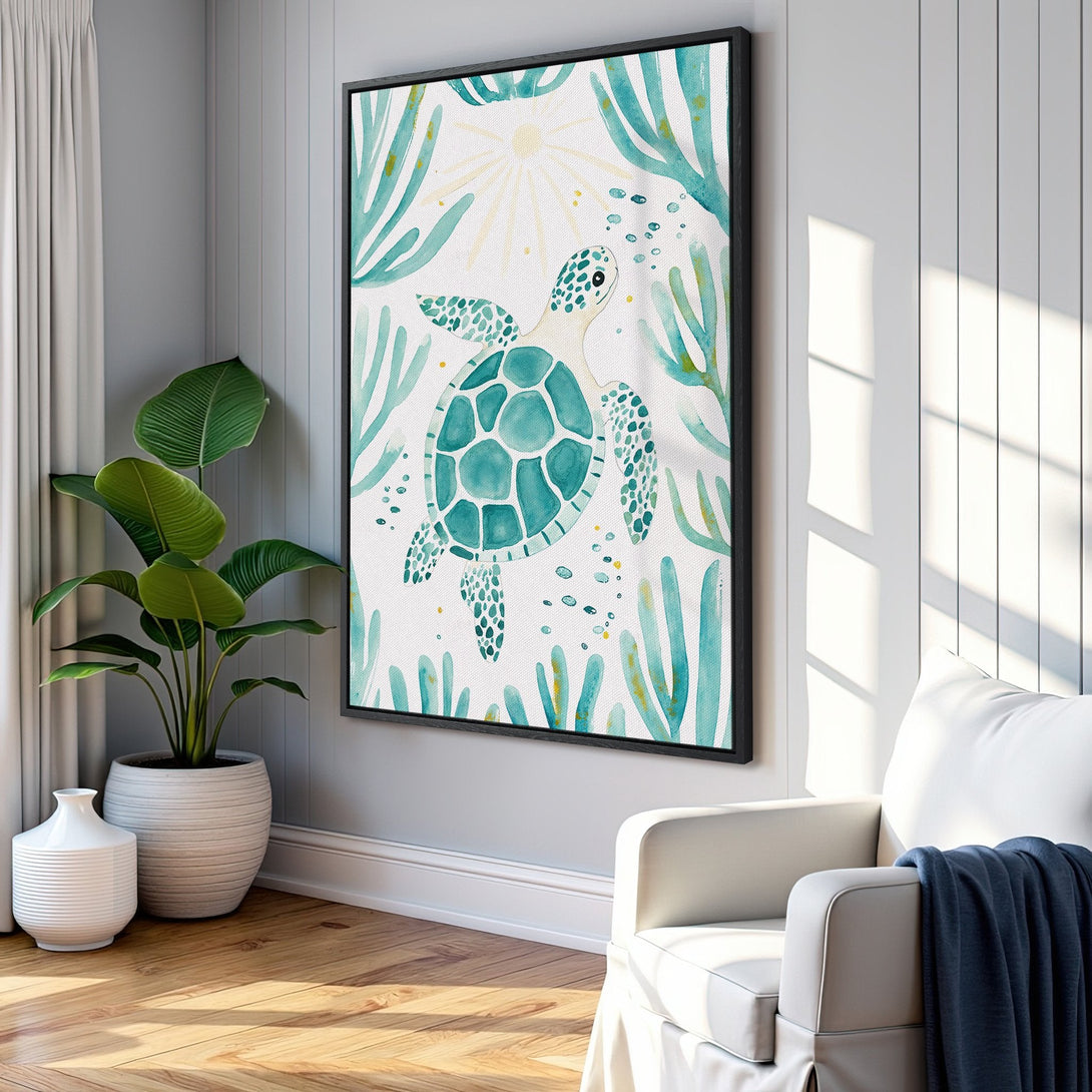 Framed Wall Art featuring a watercolor sea turtle in turquoise and teal. Coastal decor perfect for adding a serene touch to any space.