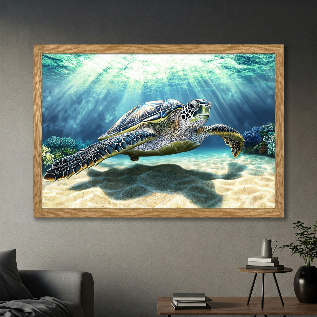 Framed Poster featuring a majestic sea turtle in an underwater scene, vibrant blues, greens, and sandy tones. Perfect ocean art for your home!