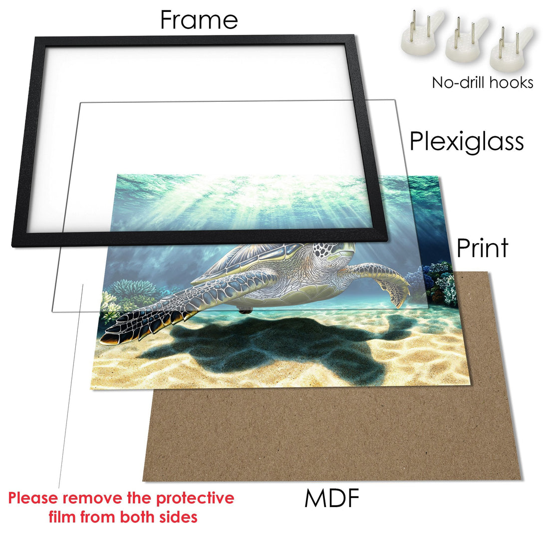 Framed Poster featuring a sea turtle in an underwater scene. Stunning blue, green, and beige color palette. Add coastal vibes to your space!