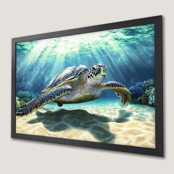 Framed Poster of a sea turtle swimming underwater, vibrant art with blue, green, and yellow tones, perfect for ocean decor.