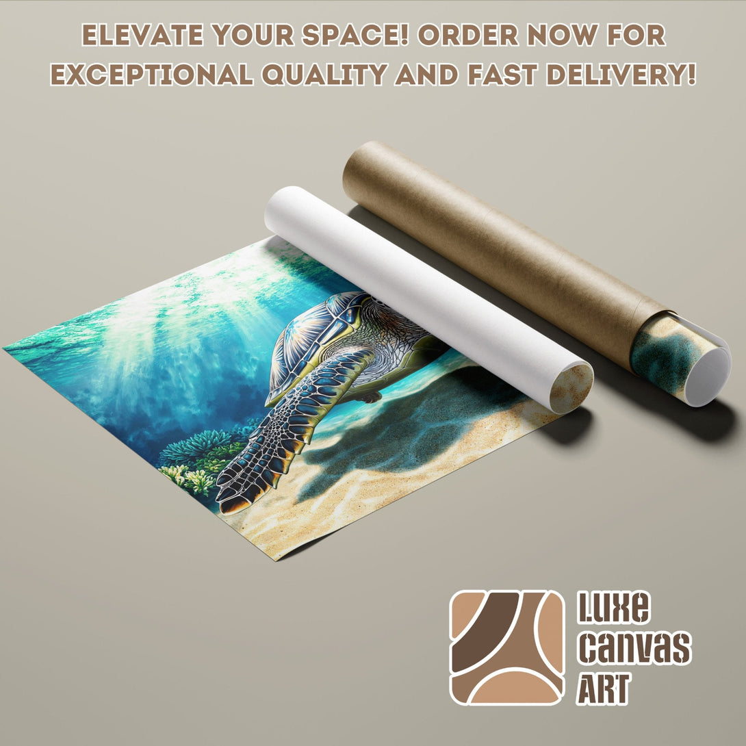 Poster Roll featuring a sea turtle underwater, vibrant blue and green tones. Elevate your space with this art!
