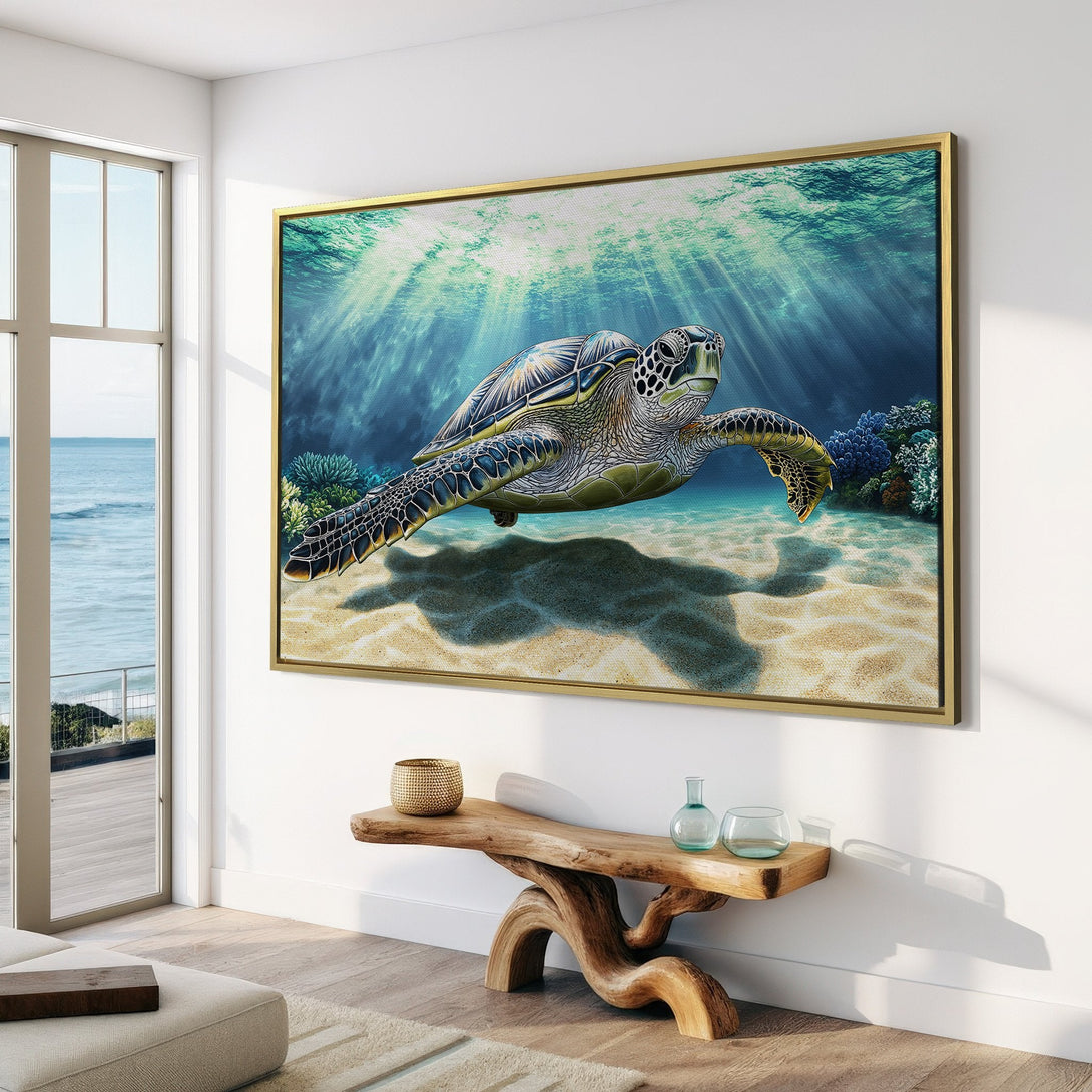 Canvas Print of a majestic sea turtle swimming underwater, featuring a blue and green color palette, perfect for coastal decor.