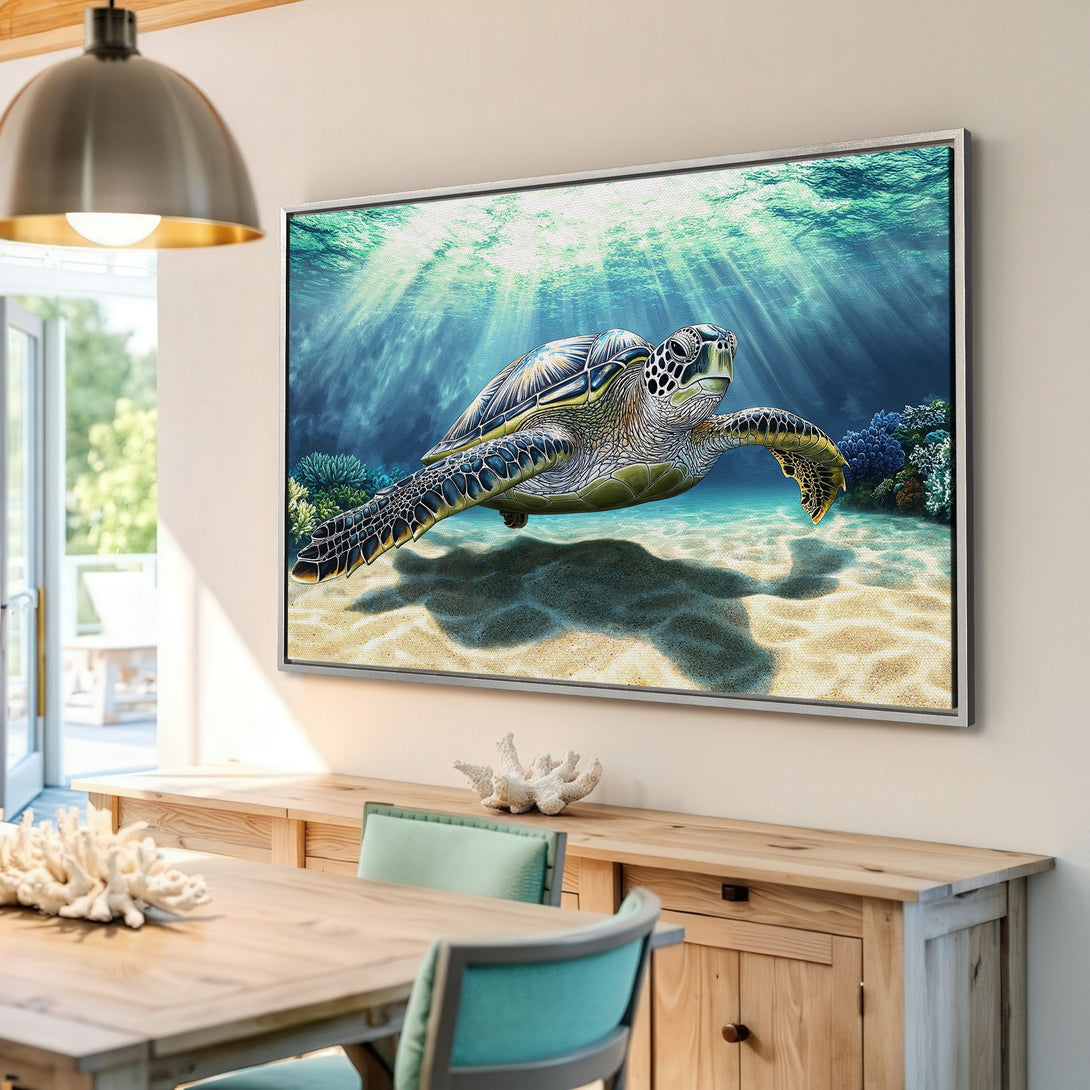 Framed Wall Art: Underwater turtle canvas print in blue and green. Coastal decor for your home. Bring the ocean to your walls!