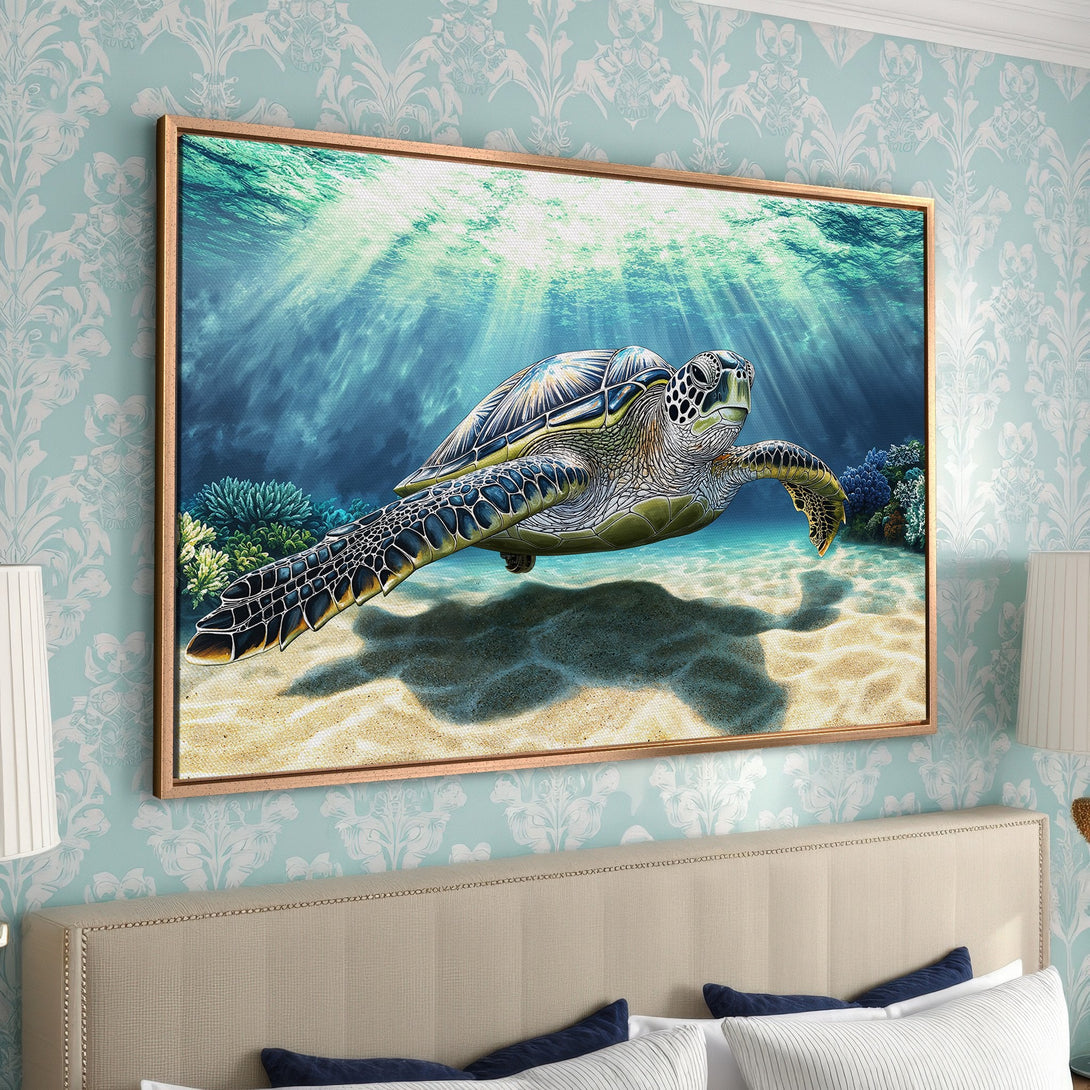 Framed Wall Art of a sea turtle swimming underwater. Coastal style art with blue, green, and tan color palette. Perfect for a bedroom or living room.