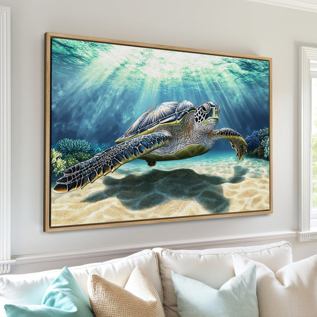 Framed Wall Art featuring a serene underwater scene with a sea turtle. Coastal style art with blue, green, and sandy tones. Perfect for adding a calming touch to your home.