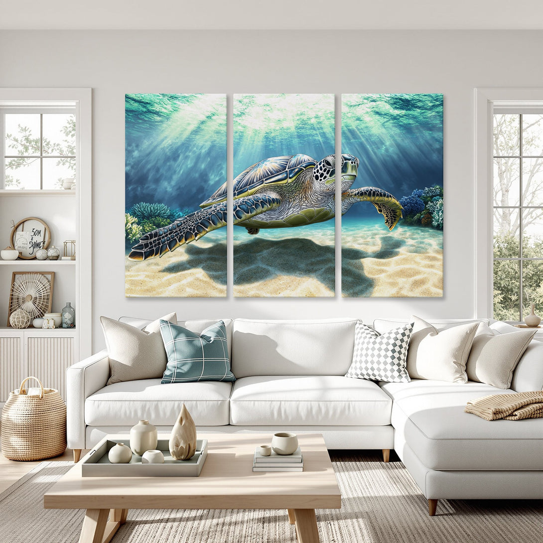 Canvas Print of a serene sea turtle swimming underwater, vibrant blue and green hues, perfect for coastal decor.