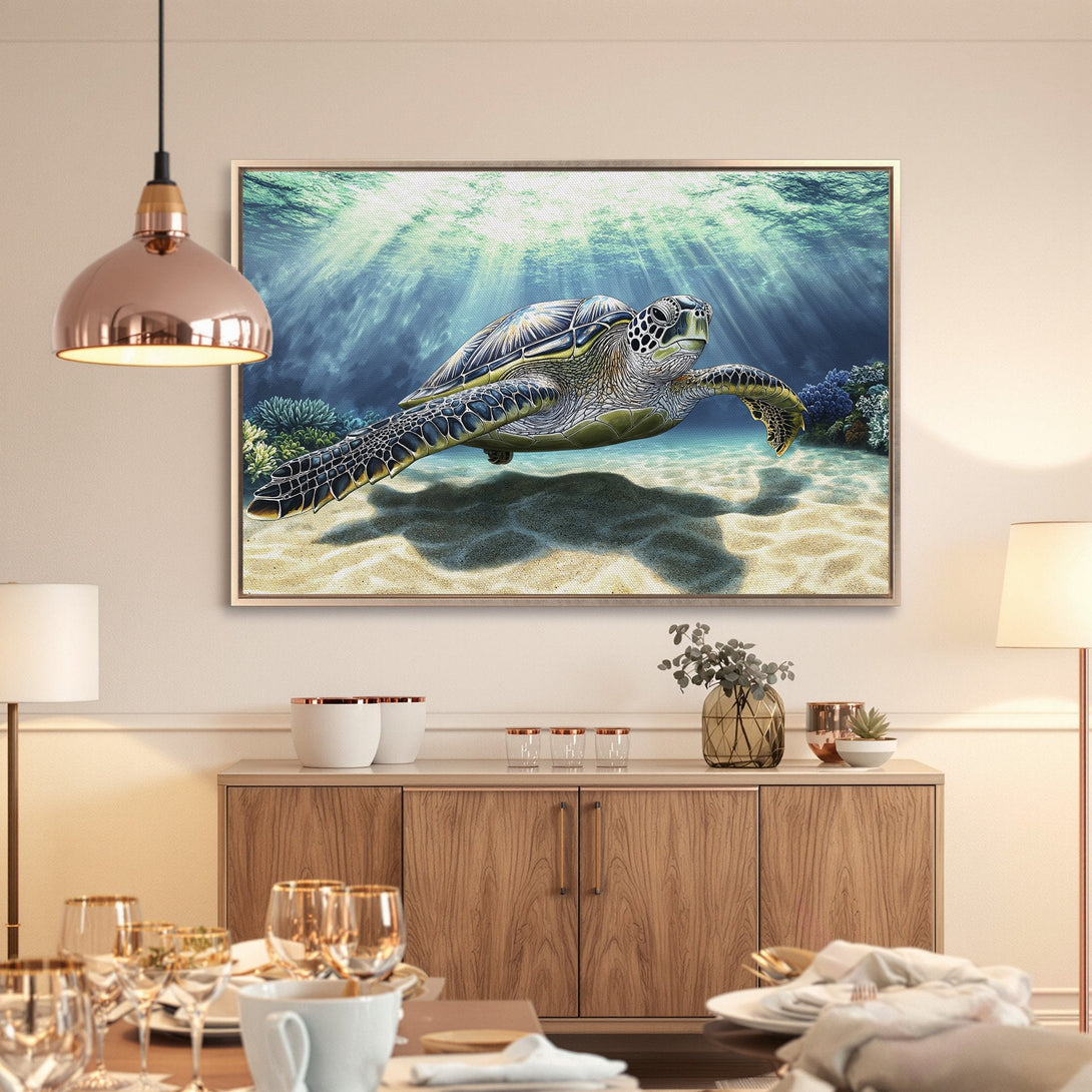 Framed Wall Art: Stunning sea turtle canvas print in cool blue and green tones, perfect for coastal decor. Bring the ocean home!