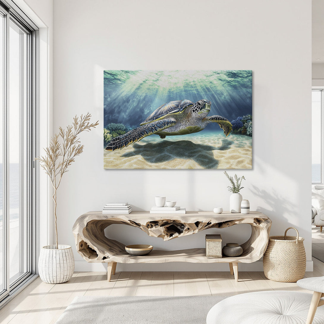 Framed Wall Art: Stunning sea turtle canvas print in a calming blue and green palette. Perfect coastal decor for your home!