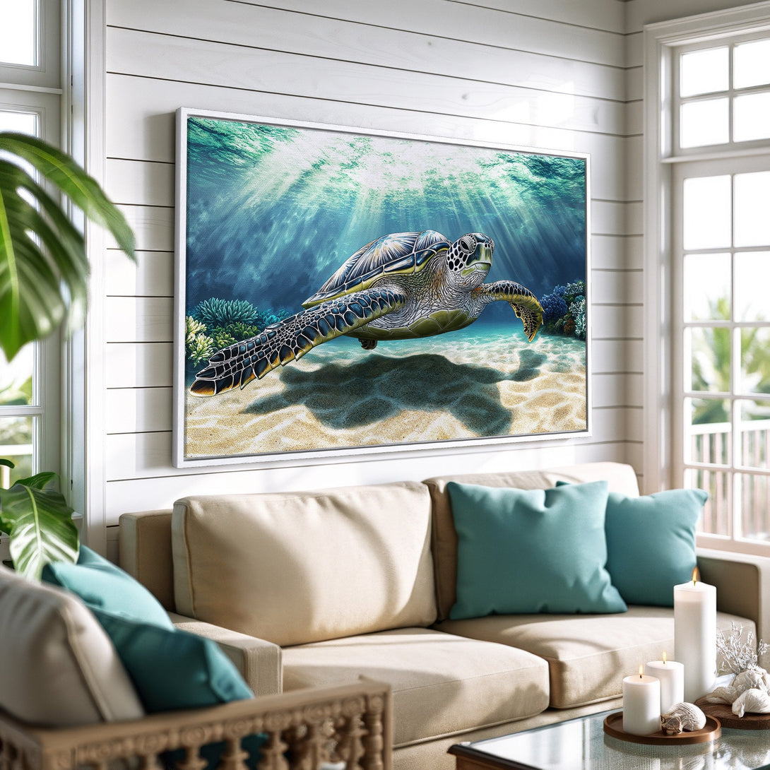 Framed Wall Art featuring a serene underwater scene with a sea turtle. Coastal style art with blue, green, and sandy tones, perfect for a relaxing home.
