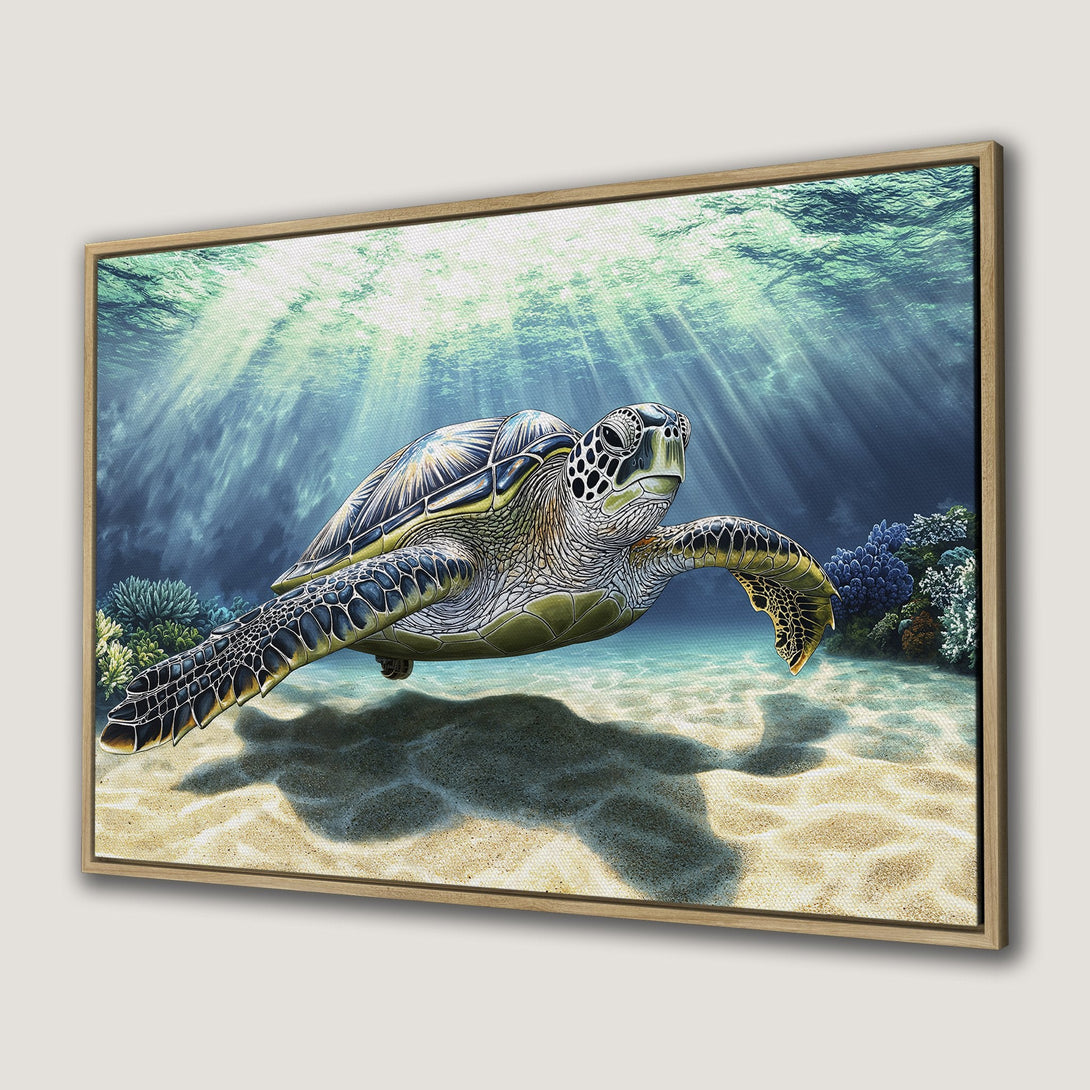 Canvas Print featuring a serene sea turtle swimming underwater. Blue and green color palette, perfect for coastal decor. Framed Wall Art.