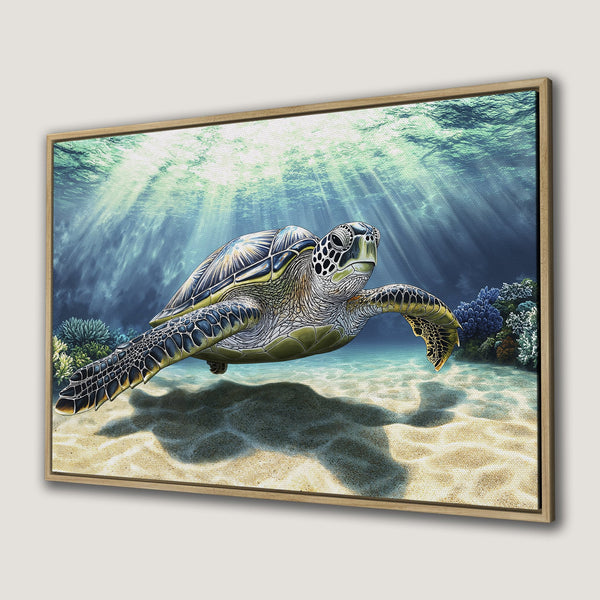 Canvas Print featuring a serene sea turtle swimming underwater. Blue and green color palette, perfect for coastal decor. Framed Wall Art.