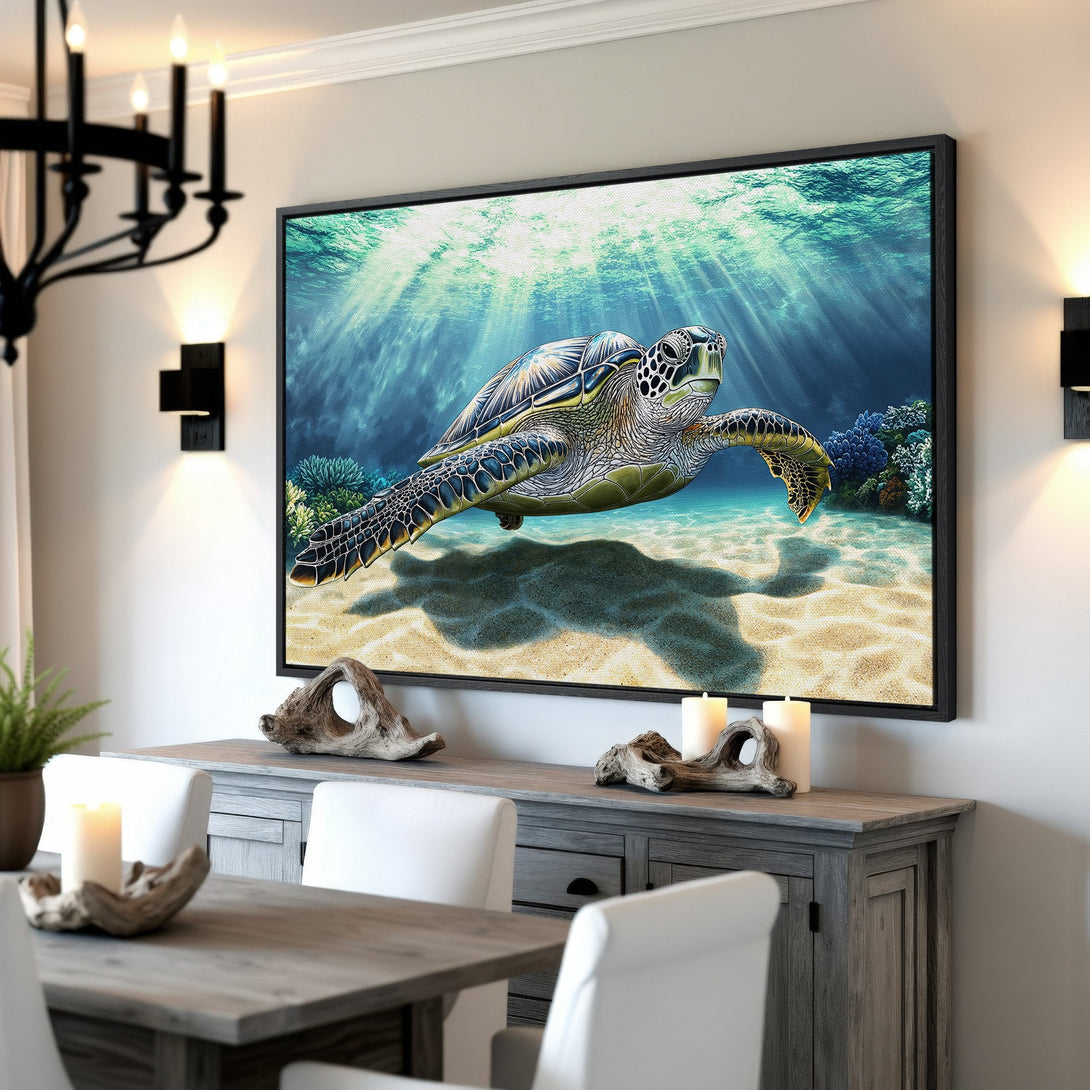 Framed Wall Art featuring a stunning sea turtle swimming underwater. Coastal-inspired decor in shades of blue, green, and sand. Elevate your space with this beautiful Canvas Print.