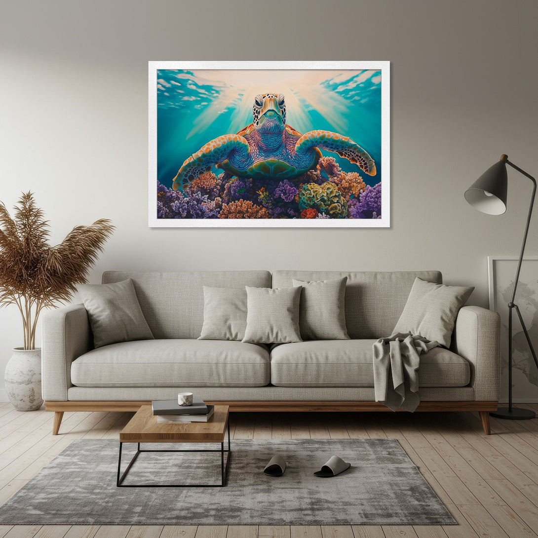Framed Poster featuring a vibrant sea turtle in an underwater scene. Colorful coral reef art with a blue, green, and orange palette. Perfect wall decor!