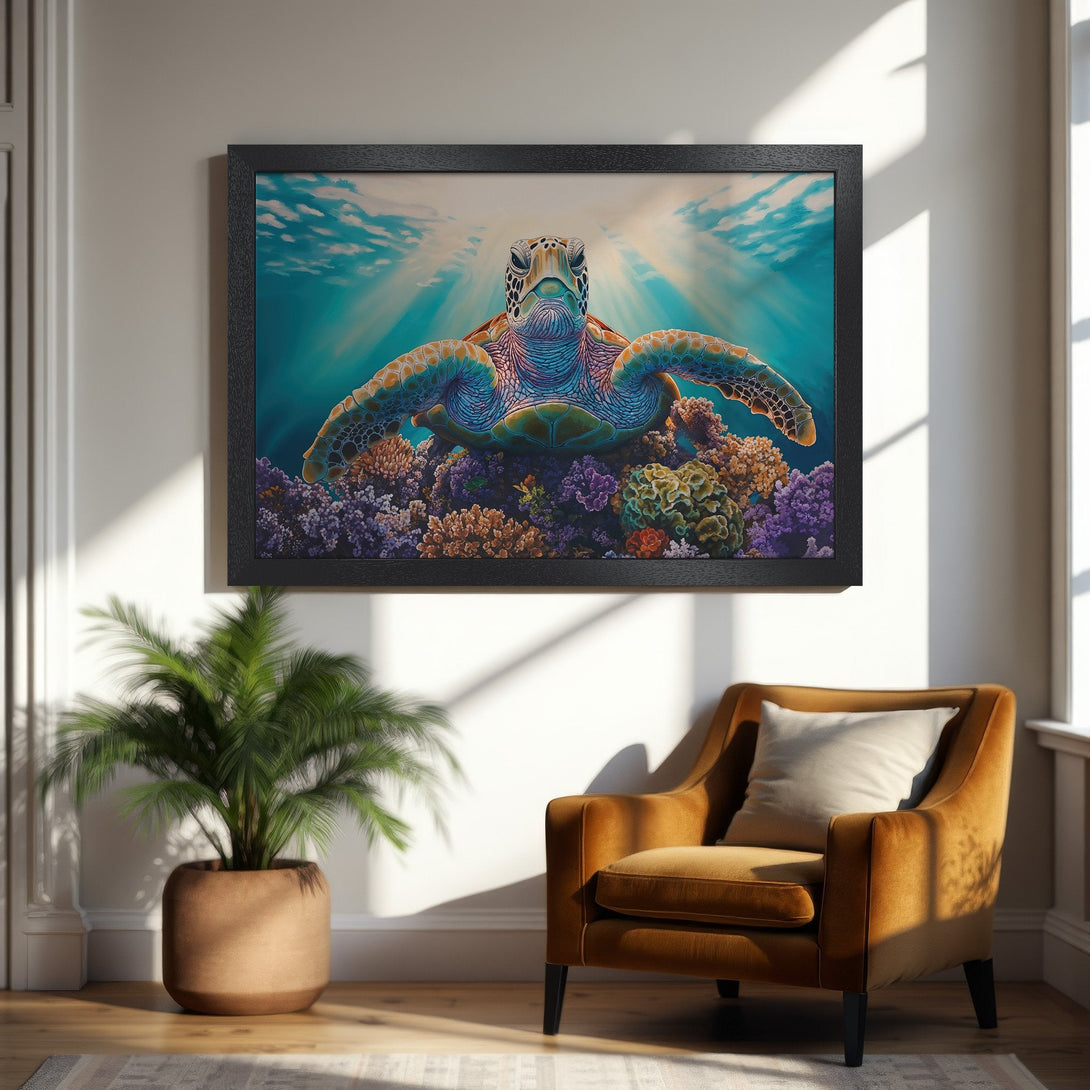 Framed Poster featuring a sea turtle in vibrant blues, greens, and coral colors. Artistic style perfect for home decor.
