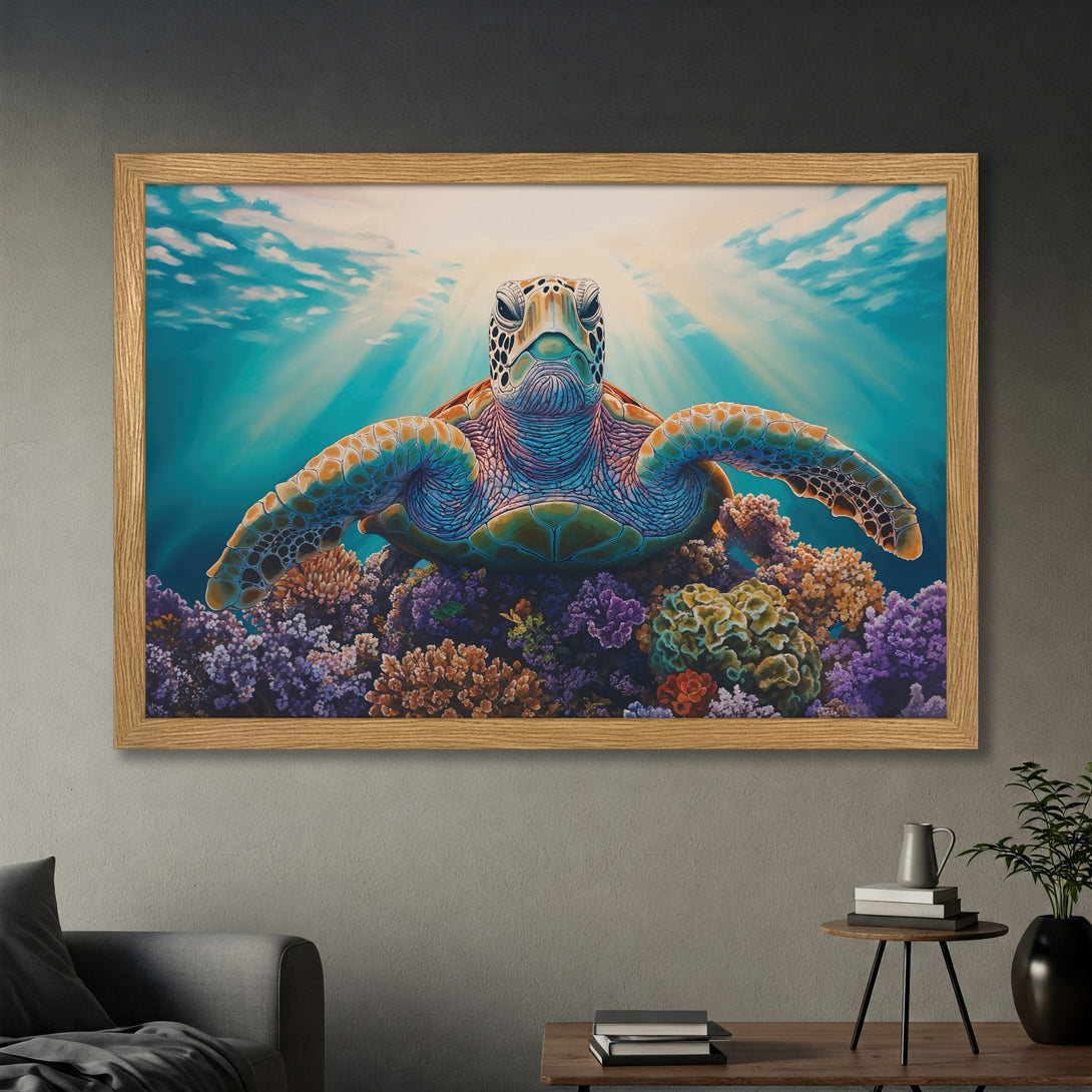 Framed Poster of a sea turtle in vibrant coral reef. Artistic style with a blue, teal, orange, and purple color palette. Perfect wall art!