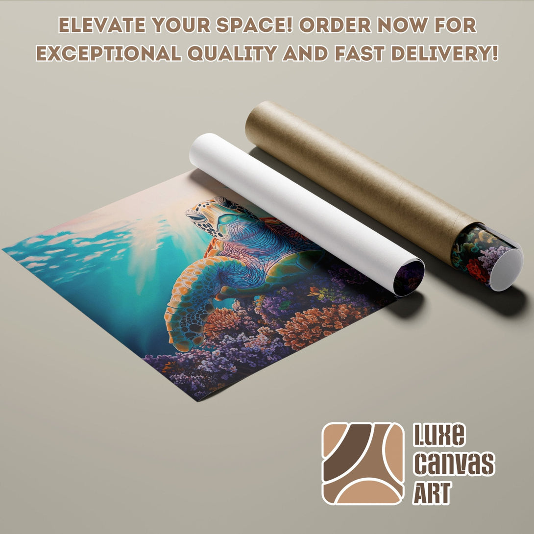 Poster Roll featuring a vibrant sea turtle art print in blue and orange tones.