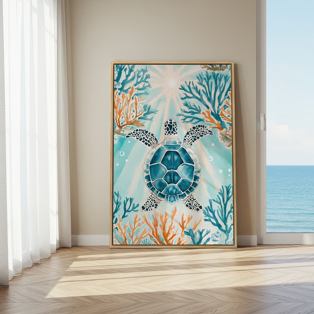Framed Wall Art: Watercolor turtle print in coastal style. Featuring a blue, teal, and orange color palette. Perfect for beach house decor.