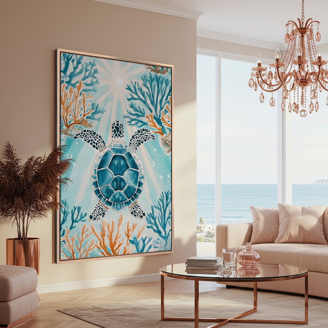 Framed Wall Art: Watercolor turtle print in turquoise and coral hues. Coastal style canvas print adds a serene touch to any interior.