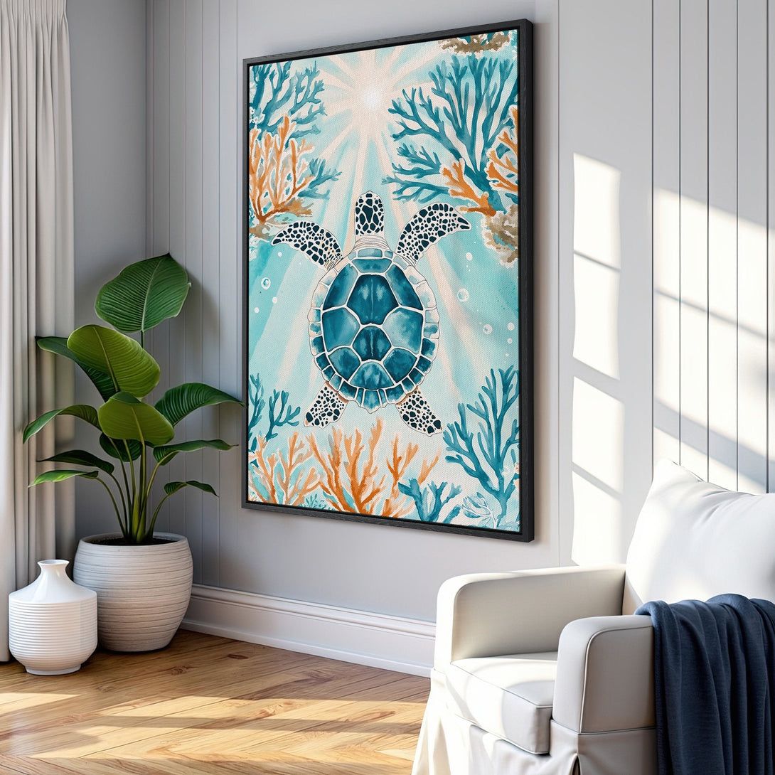 Framed Wall Art featuring a watercolor sea turtle in blue and orange hues. Coastal style canvas print adds a serene touch to any space.