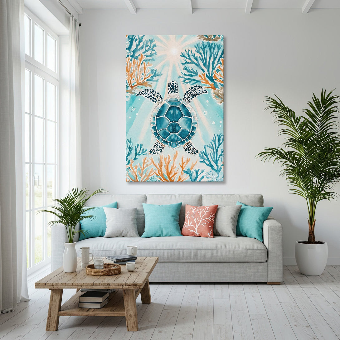 Framed Wall Art: Coastal turtle art in blue & teal. Watercolor style Canvas Print adds beachy vibes to any room. Shop now for ocean-inspired decor!