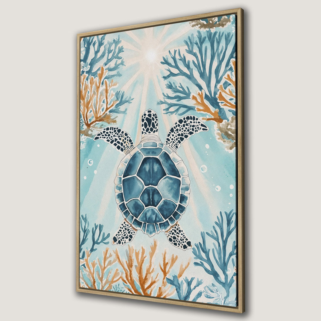 Framed Wall Art featuring a watercolor sea turtle. Coastal decor with a blue and orange color palette. Perfect for beach house vibes!