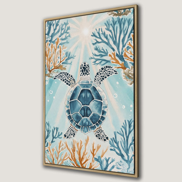 Framed Wall Art featuring a watercolor sea turtle. Coastal decor with a blue and orange color palette. Perfect for beach house vibes!