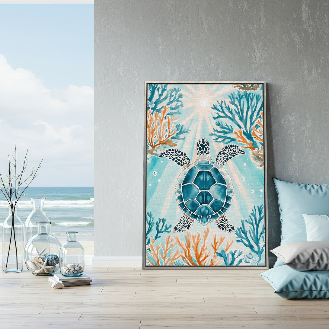 Framed Wall Art: Watercolor turtle print in coastal style. Blue, teal, and coral color palette. Perfect for beach house decor!