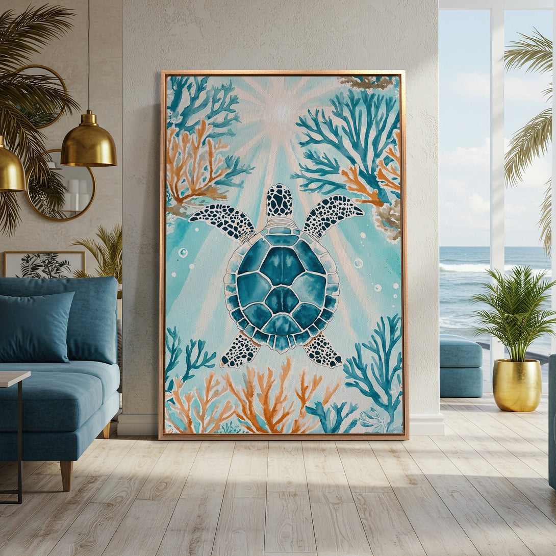 Framed Wall Art featuring a watercolor sea turtle in a coastal interior. Blue & orange coral against a light blue background. Perfect for beach decor!