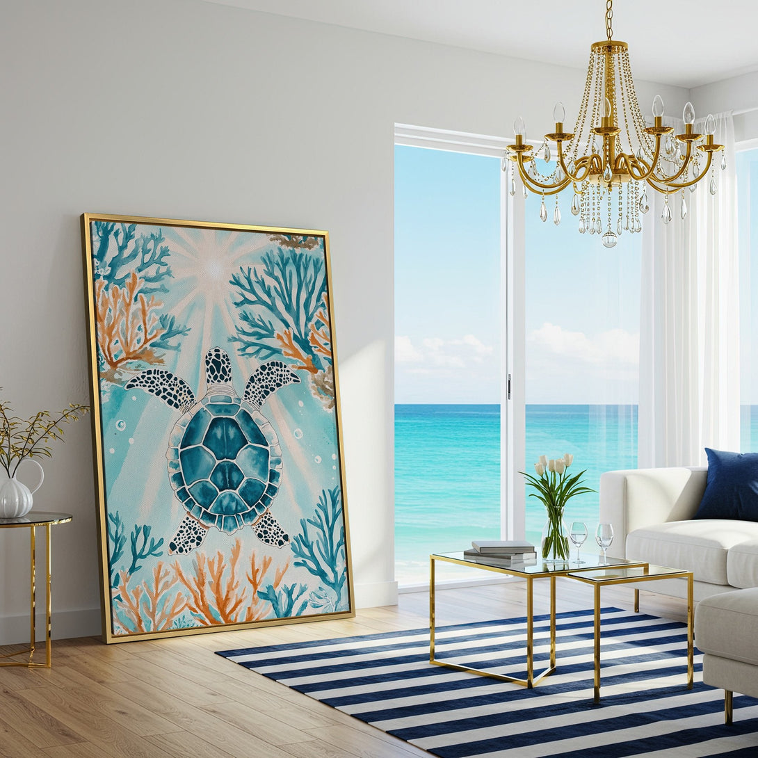 Canvas Print of a watercolor sea turtle with coral, featuring a coastal color palette of blues, oranges, and greens, perfect for beach decor.