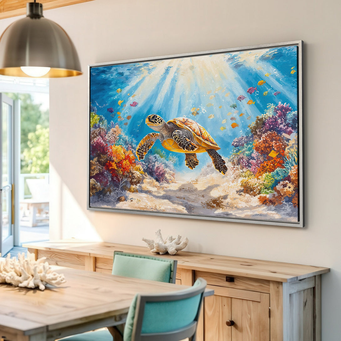 Framed Wall Art: Sea turtle canvas print in vibrant blues, yellows, and corals. Coastal decor for your home. Bring the ocean inside!